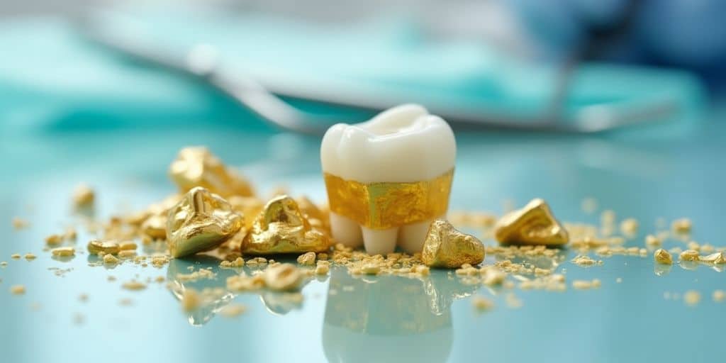 Outils dentaires avec morceaux d'or récupérés.