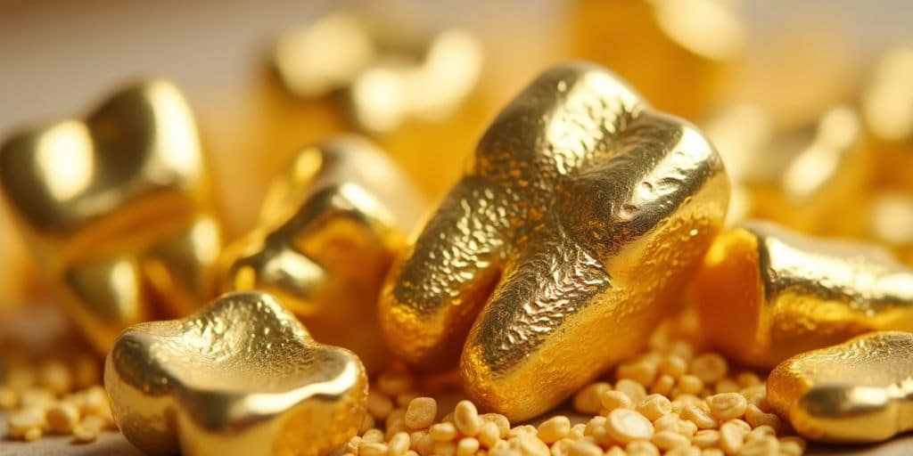 Pépites d'or dentaire brillantes sur fond neutre.