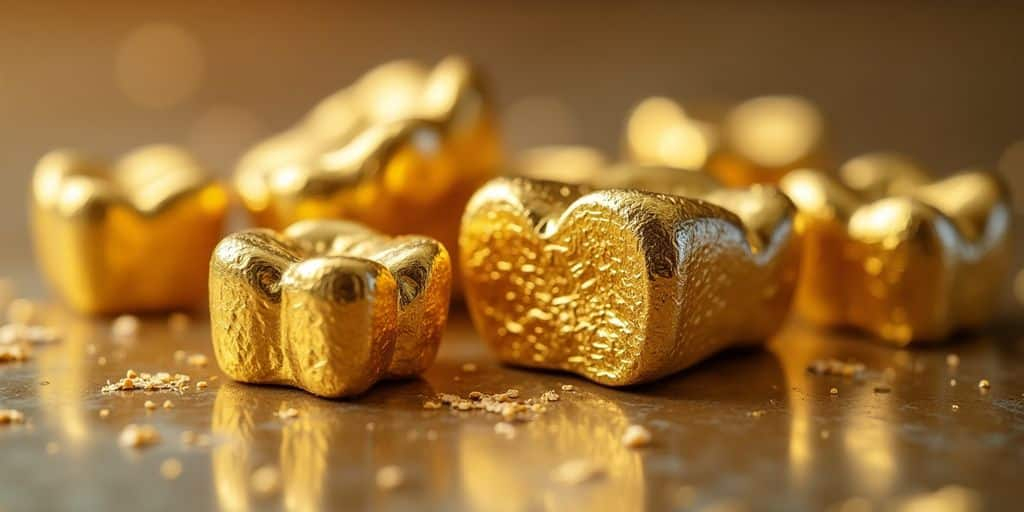 Morceaux d'or dentaire brillants sur une surface réfléchissante.