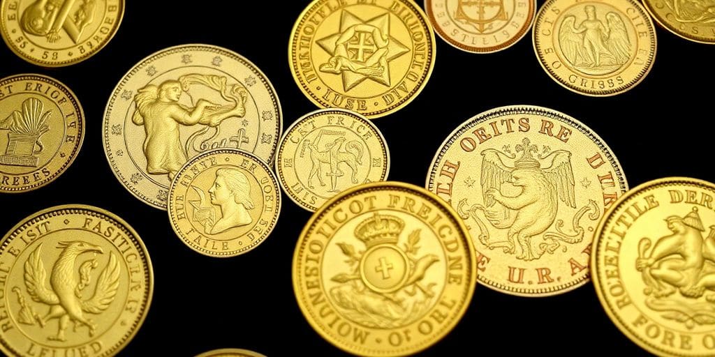 Pièces d'or historiques françaises sur fond sombre.