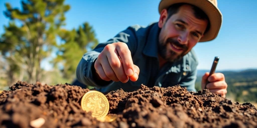 Chasseur de trésor trouvant une pièce d'or.