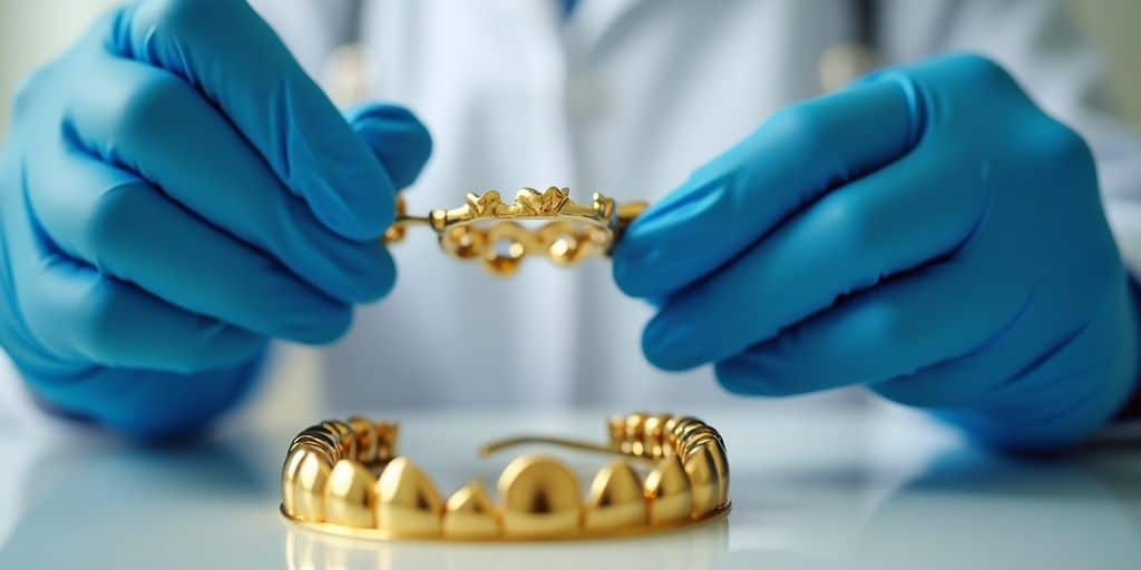 Dentiste avec des couronnes en or dentaire.