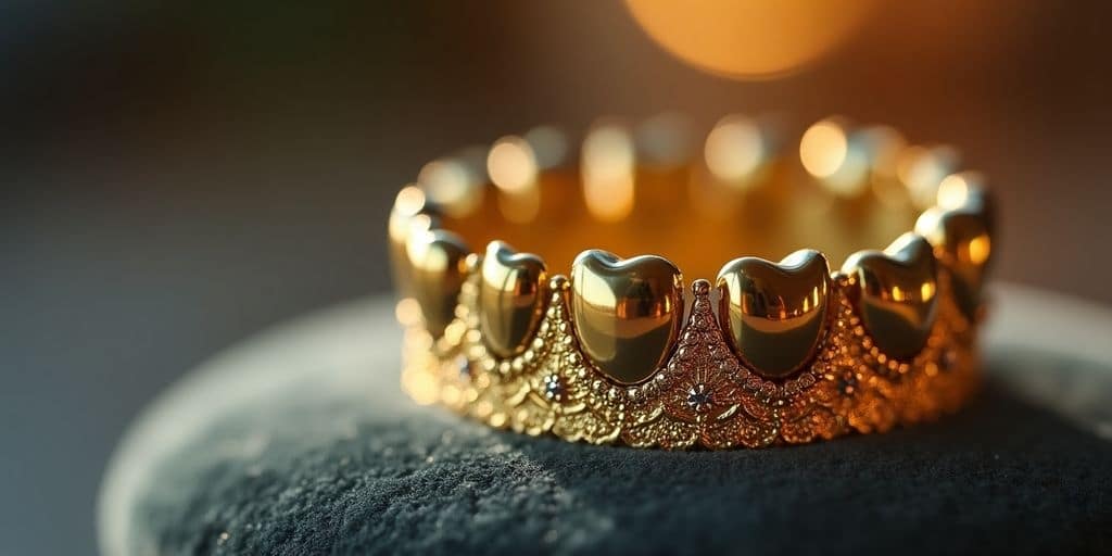 Couronne dentaire en or sur un fond en velours.