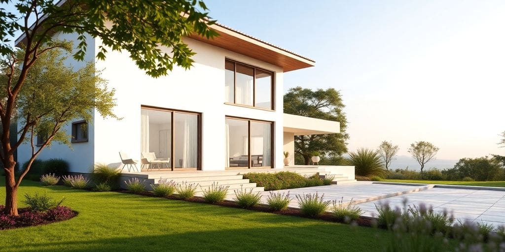 Maison moderne entourée d'un jardin paisible.