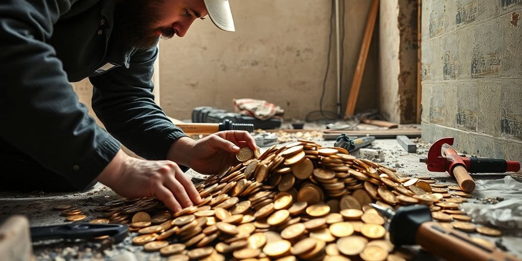 Plombier découvrant des pièces d'or dans une maison.