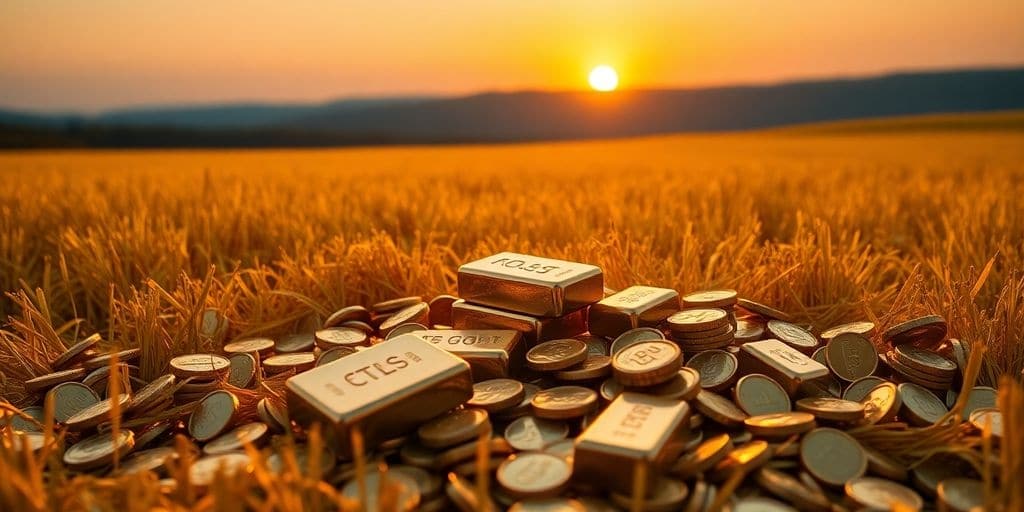 Coins et lingots d'or sur un fond apaisant.