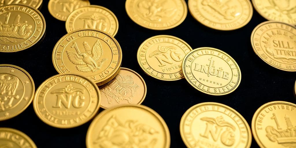 Collection de pièces d'or commémoratives sur fond sombre.