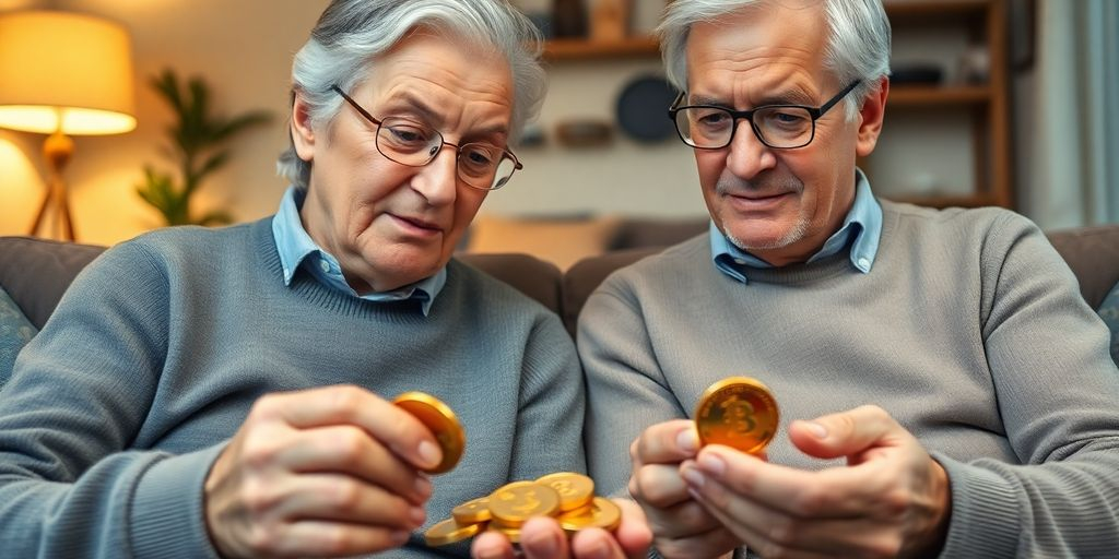 Un couple âgé examinant des pièces d'or.