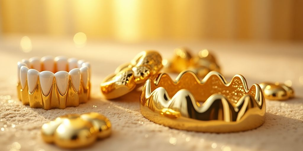Bijoux dentaires en or sur un fond doux.