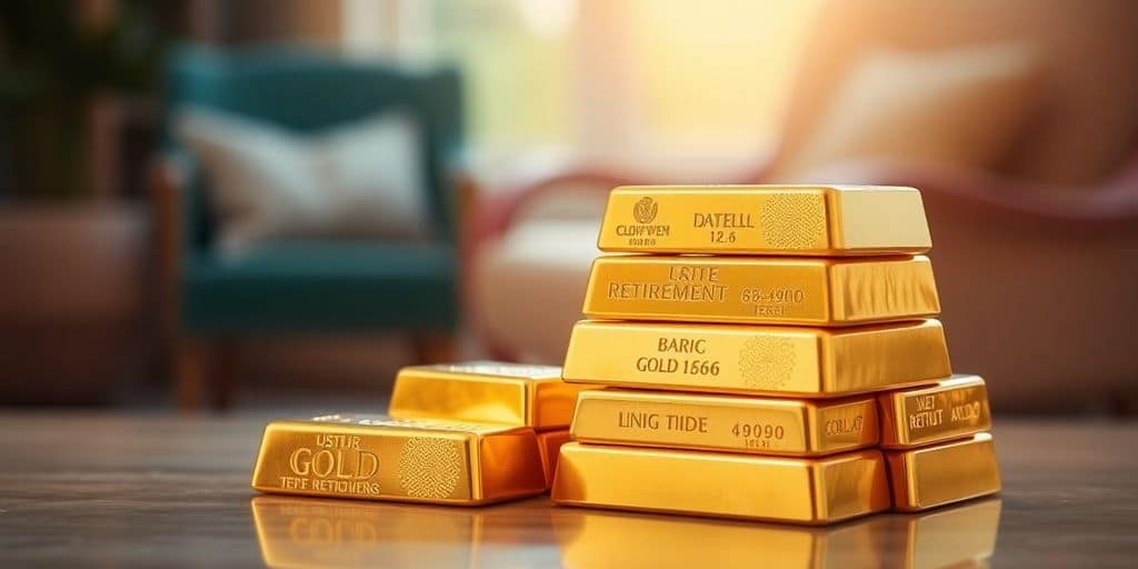 Des barres d'or empilées dans un cadre paisible.