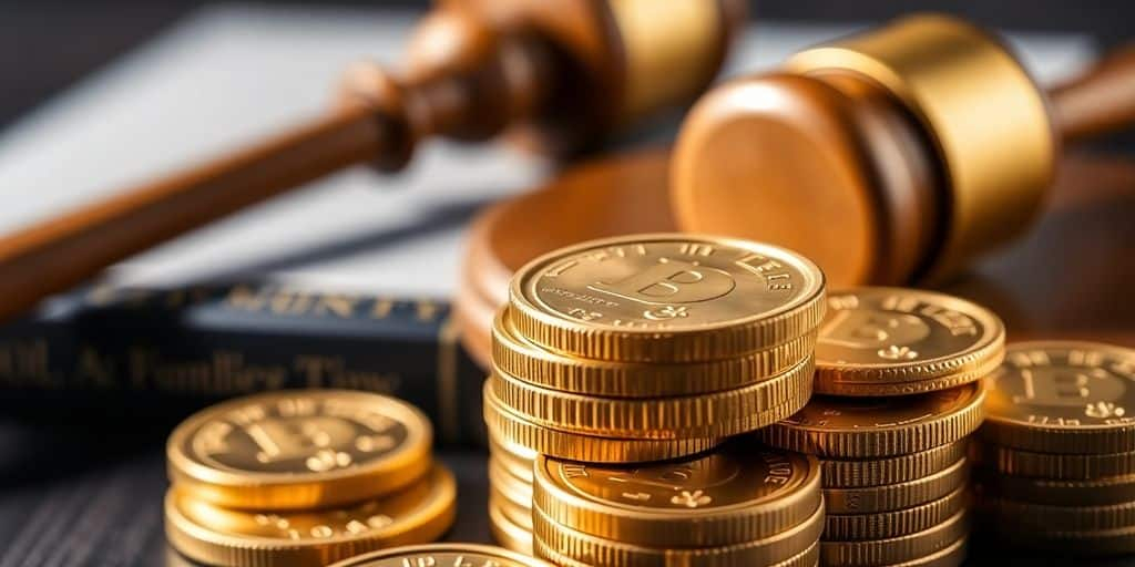 Pièces d'or empilées sur un fond de livres de loi.
