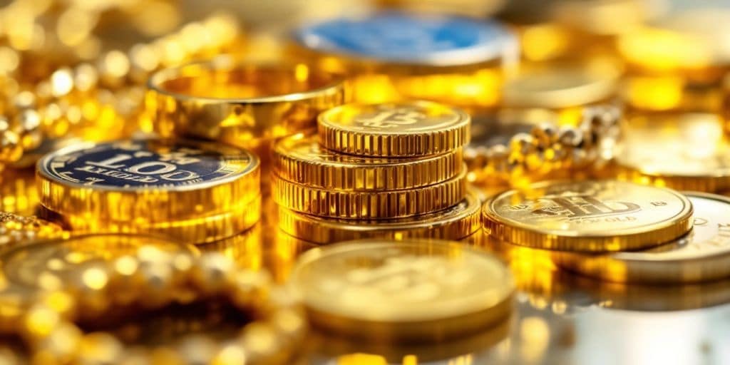 Pièces et bijoux en or sur une surface réfléchissante.