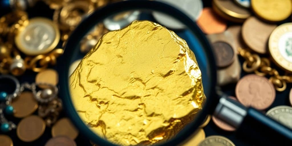 Gros plan sur un lingot d'or et une loupe.