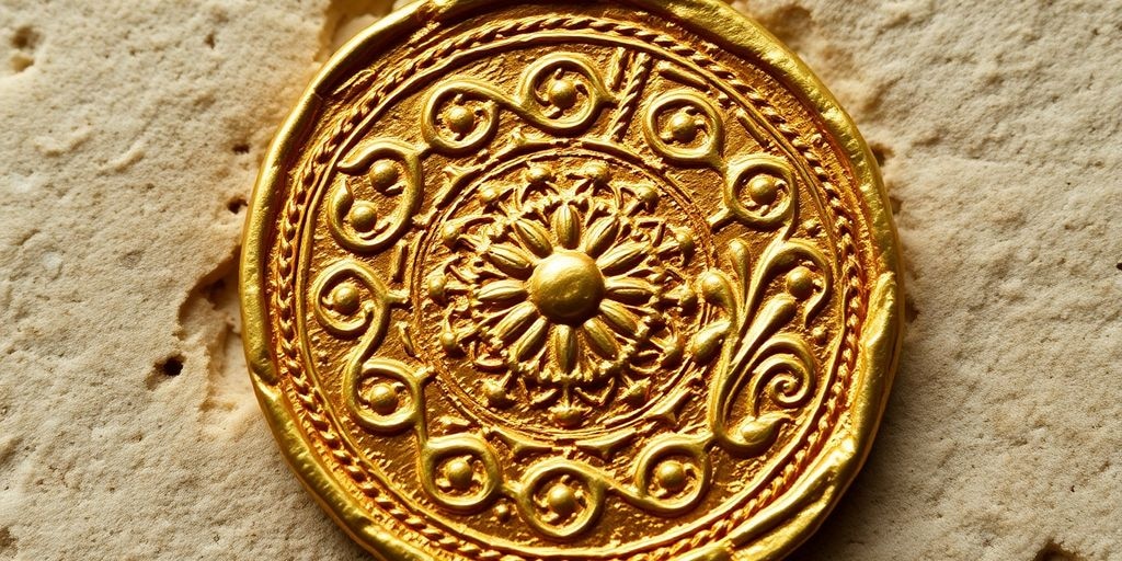 Pièce d'or ancienne avec des motifs détaillés.