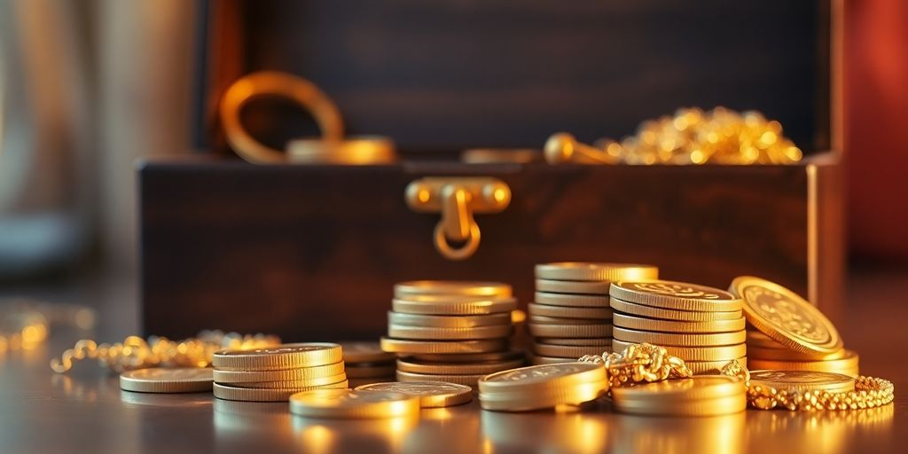 Pièces d'or et bijoux dans une boîte héritage.