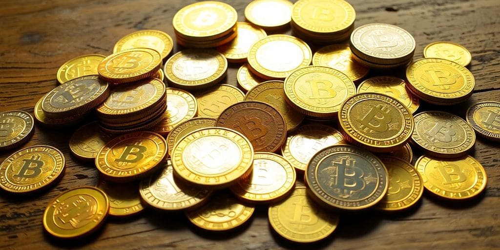 Assortiment de pièces d'or sur une table en bois.
