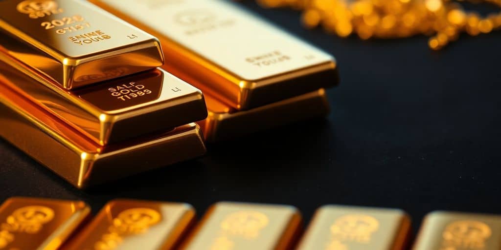 Des lingots d'or empilés sur un fond sombre.