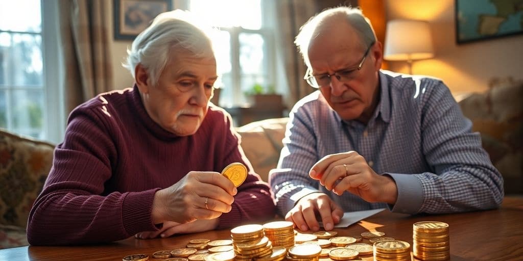 Couple âgé regardant des pièces d'or dans leur salon.