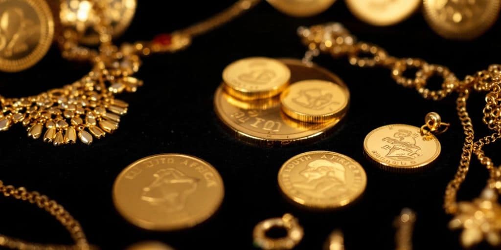 Collection de pièces et bijoux en or sud-africains.
