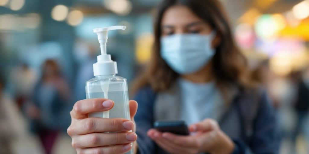 Personne avec un masque et du gel désinfectant.