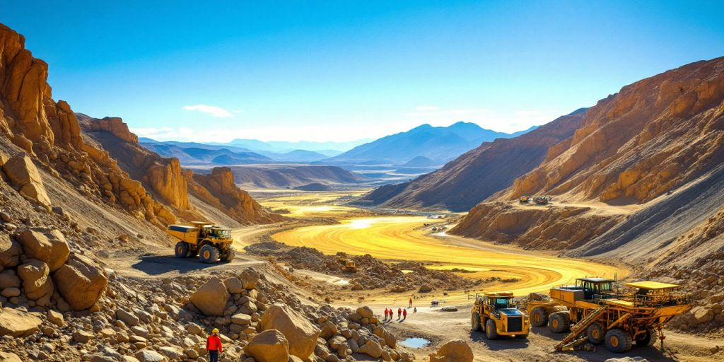 Site minier Barrick Gold avec machines et travailleurs en sécurité.