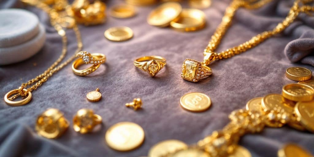 Bijoux en or sur un fond en velours.