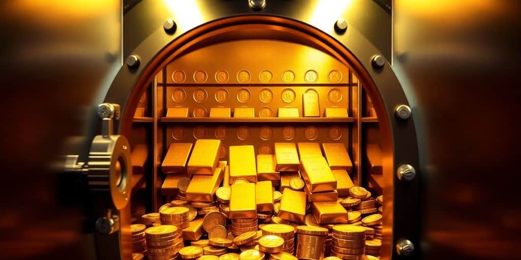 Coffre-fort rempli de barres et de pièces d'or.