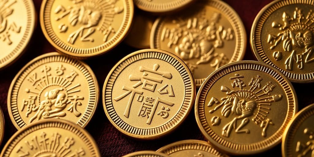 Pièces en or impériales japonaises sur fond sombre.