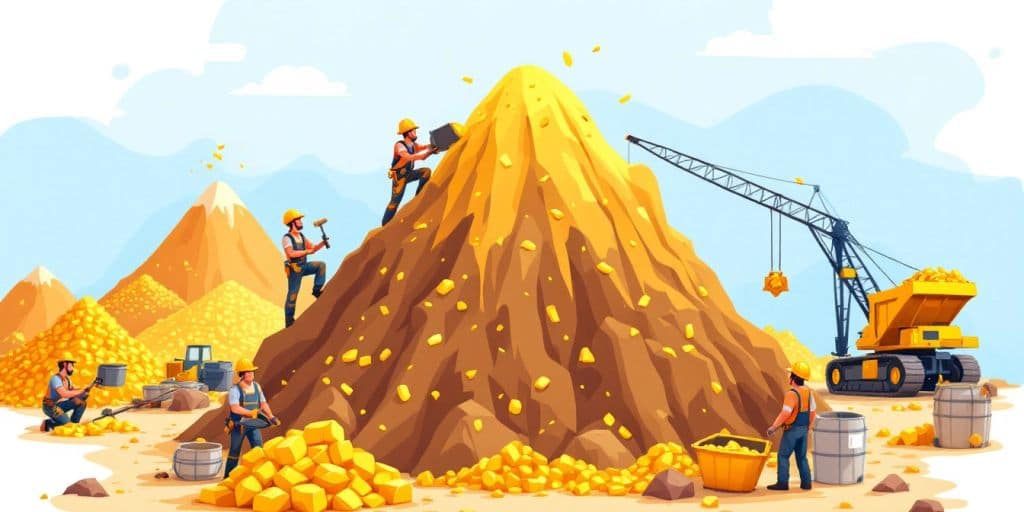 Extraction de l'or par des mineurs dans une mine.