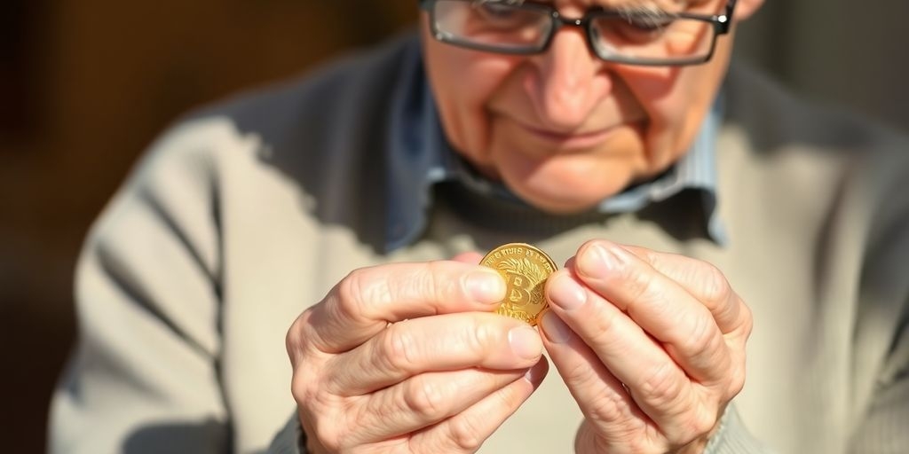 Personne âgée avec une pièce d'or.