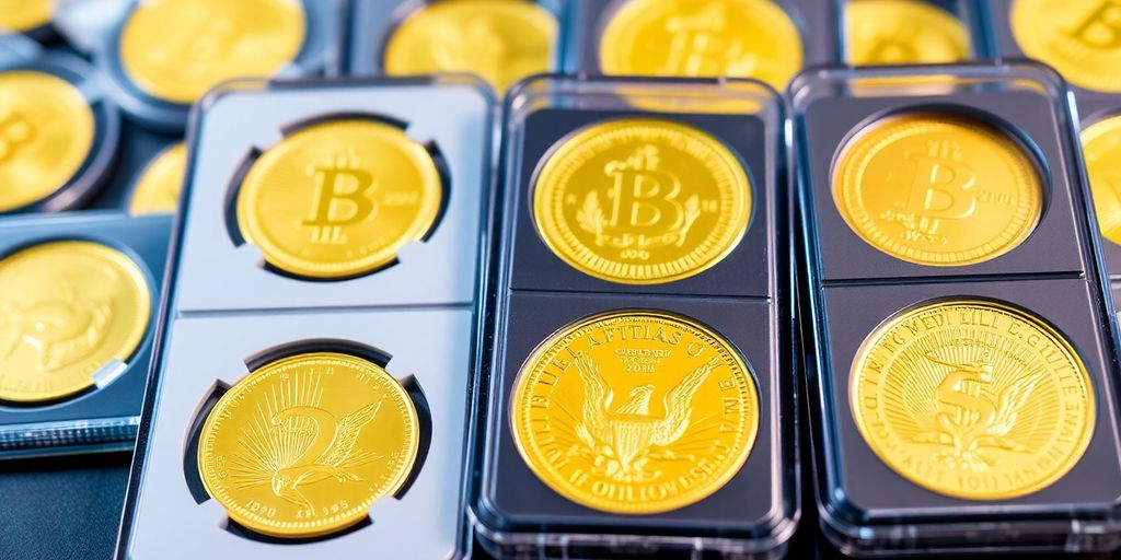 Pièces d'or stockées dans des étuis protecteurs.