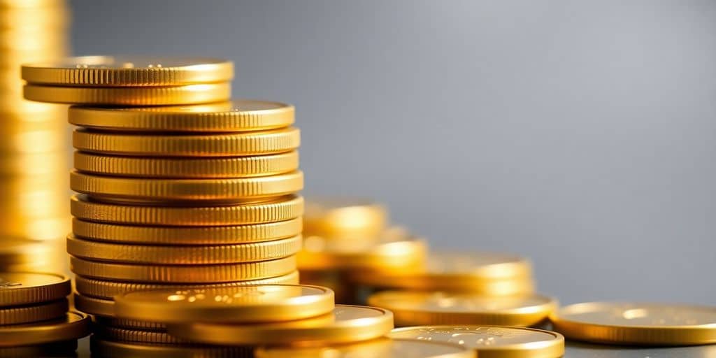 Pièces d'or empilées sur un fond flou.