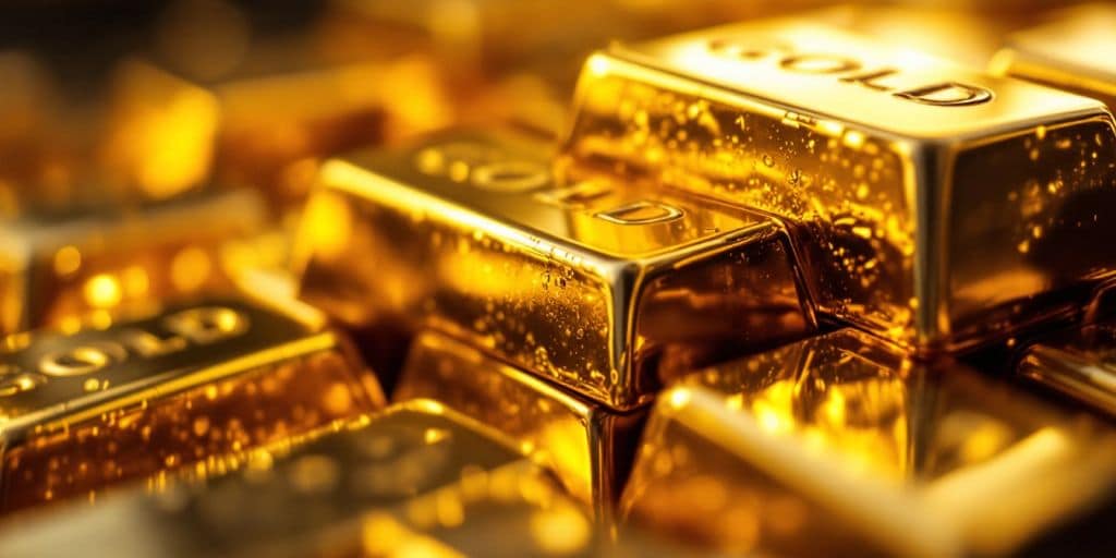 Barres d'or empilées sur un fond flou.