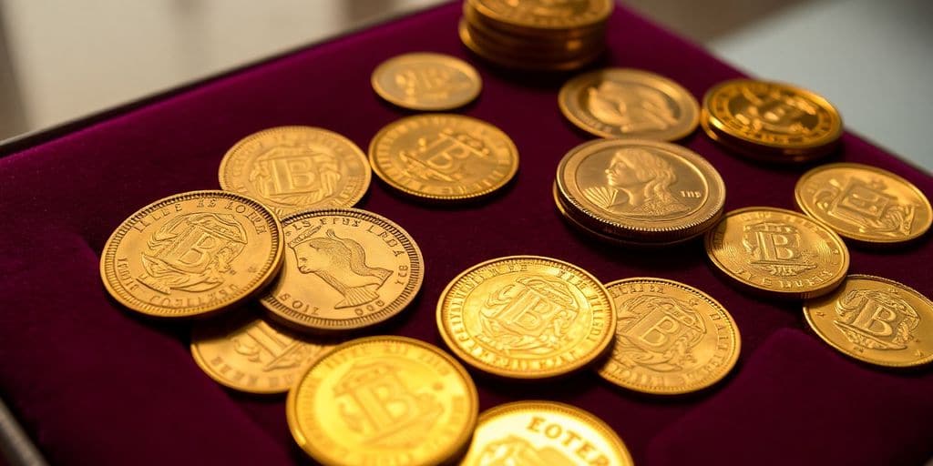 Pièces d'or numismatiques sur une surface en velours.