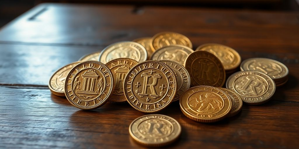 Pièces d'or de la Renaissance sur une table en bois.