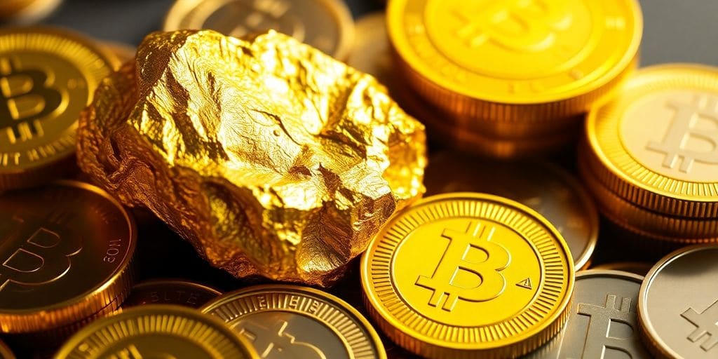 Un lingot d'or à côté de pièces numériques brillantes.