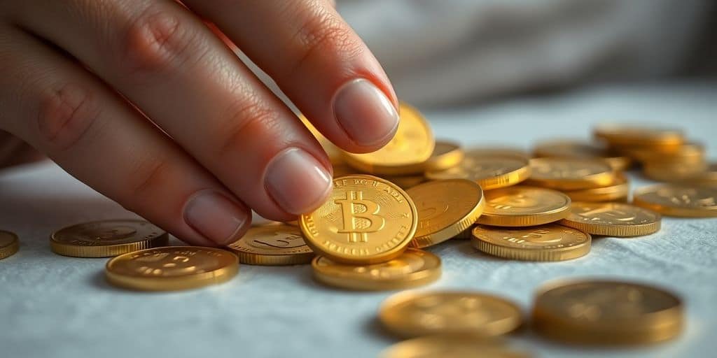 Personne manipulant des pièces d'or avec précaution.