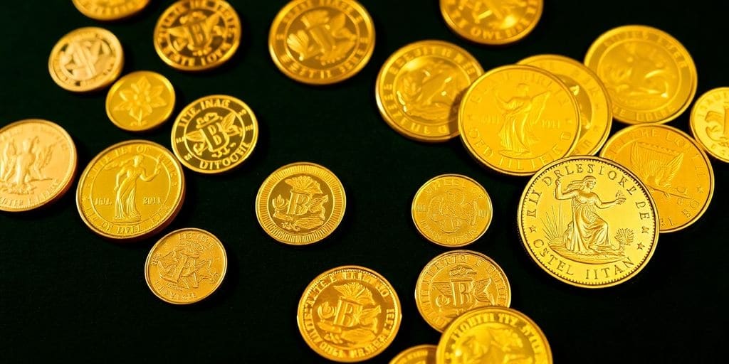 Collection de pièces d'or numismatiques sur fond en velours.