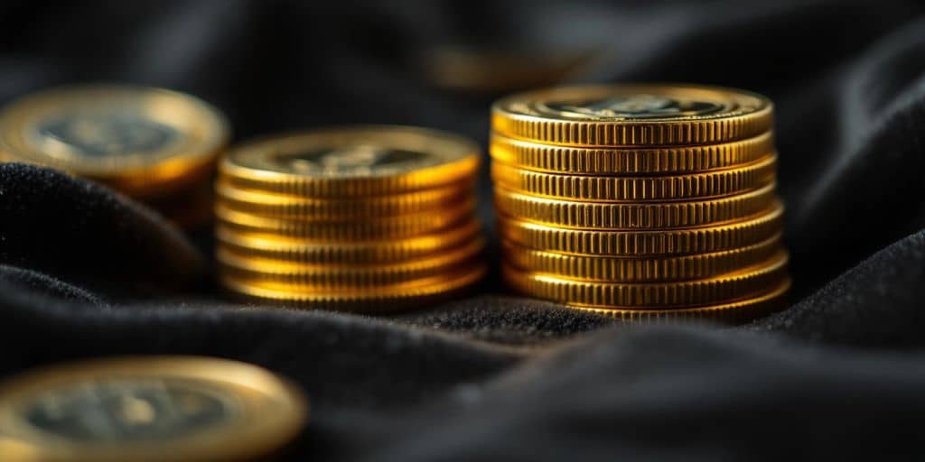 Pièces d'or brillantes sur fond velours sombre.