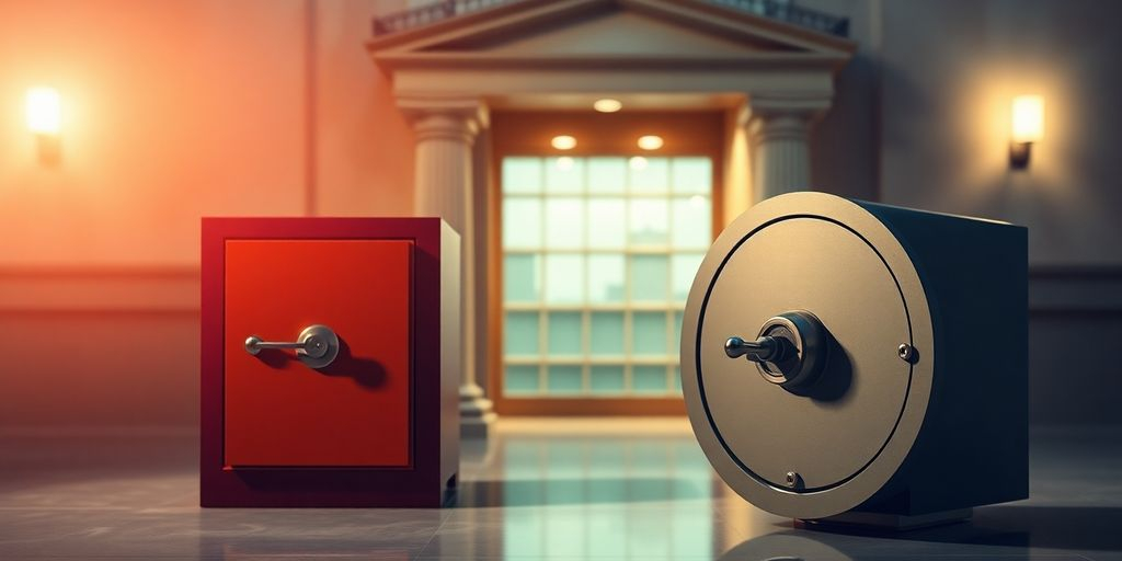Une banque avec un coffre-fort, symbolisant la sécurité financière.
