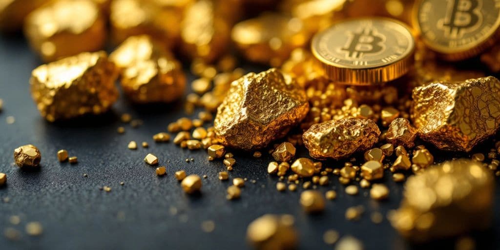Pépites et pièces d'or sur fond sombre.