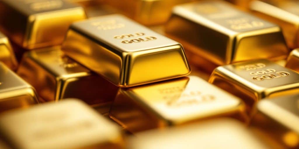 Des barres d'or brillantes empilées.
