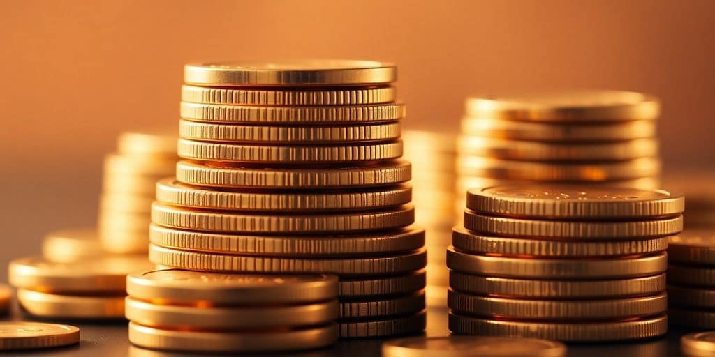 Pièces d'or empilées, brillance chaleureuse, arrière-plan flou.
