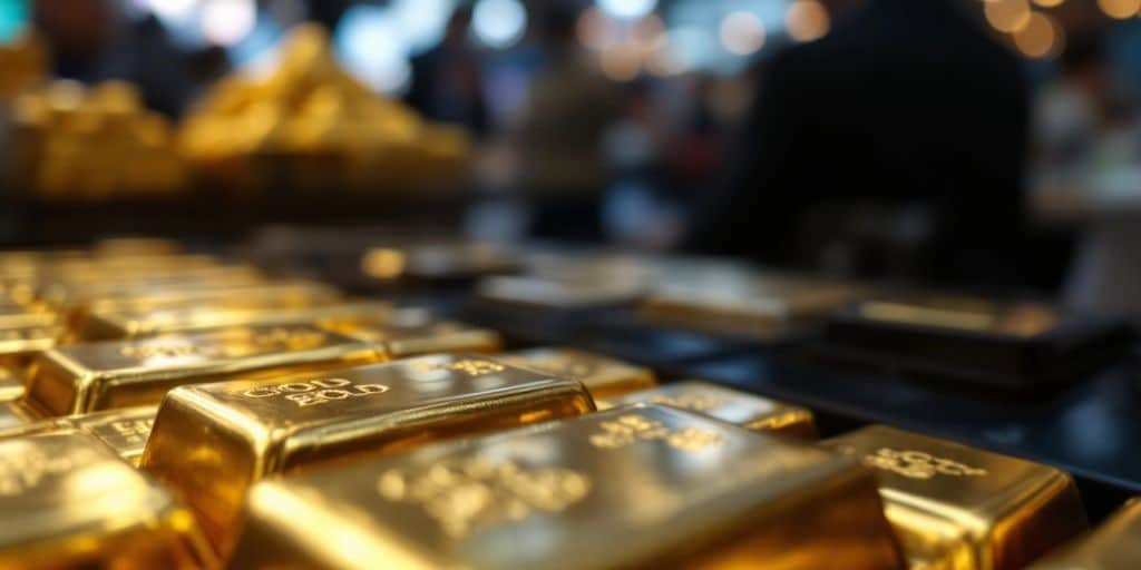 Des lingots d'or brillants en arrière-plan flou.