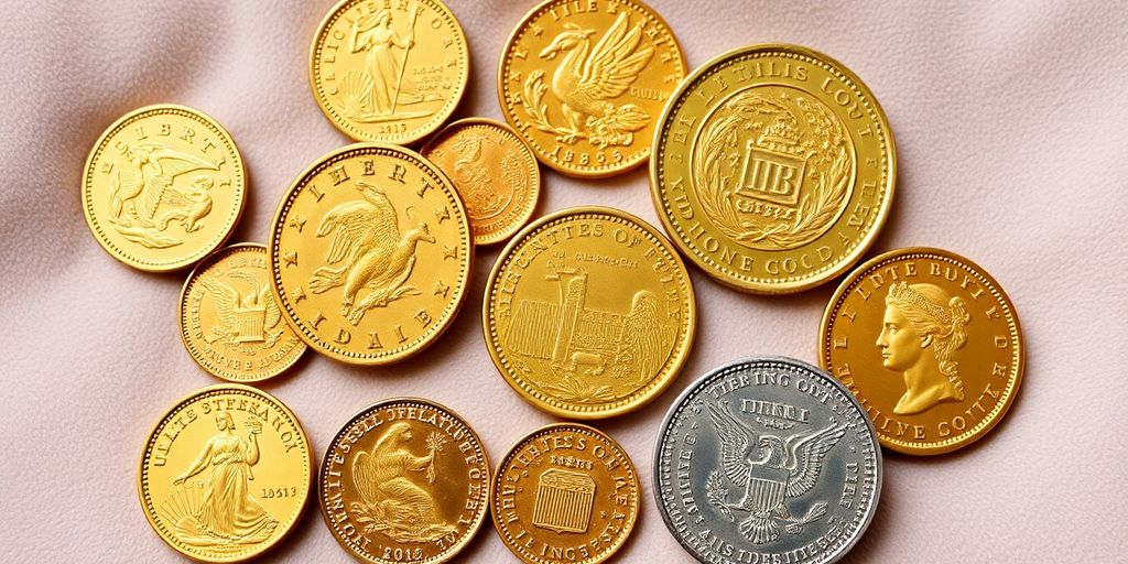 Collection de pièces d'or sur un fond en velours.