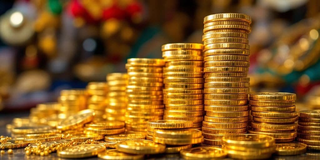 Des pièces en or brillantes empilées dans un marché.