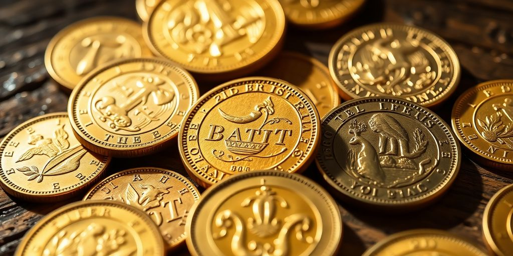 Pièces d'or coloniales françaises sur une surface en bois.