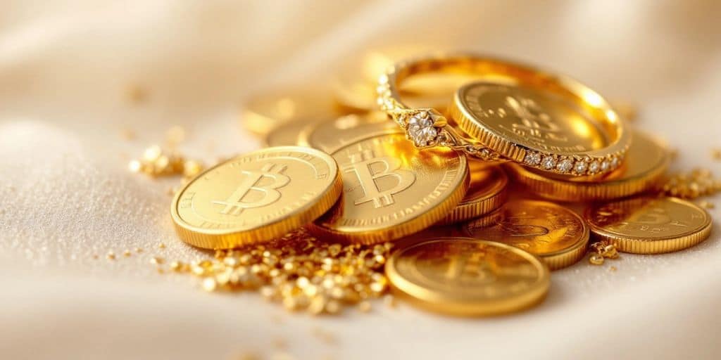 Pièces d'or et bijoux sur un fond neutre.