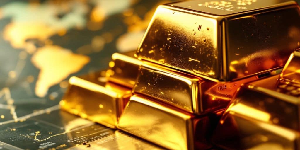 Barres d'or brillantes sur fond de carte du monde flou.