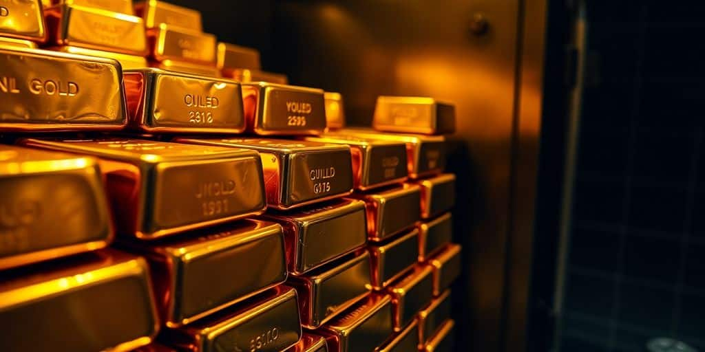 Des barres d'or empilées dans un coffre-fort sécurisé.